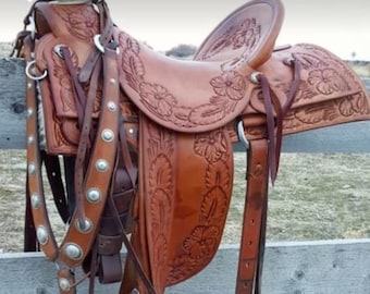 Handmade'' Western Leather Horse Show Saddle 16'' Inch Seat Chestnut Color and Hand Carving All Sizes Available