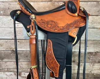 Western  Endurance Saddle  eco leather colour black and chestnut Pleasure Trail Horse Saddle 16 Inches
