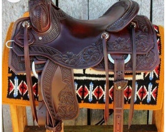 Equestrian" Western Saddle 16'' Dark Mahogany Eco Leather Fully Hand Tooled "Horse Tack" All Sizes