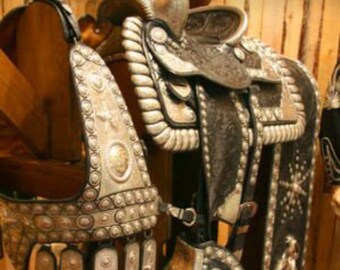 Puede incluir: Una silla de montar adornada en plata y negro con detalles intrincados y tachuelas de plata. La silla está expuesta en un soporte de madera.