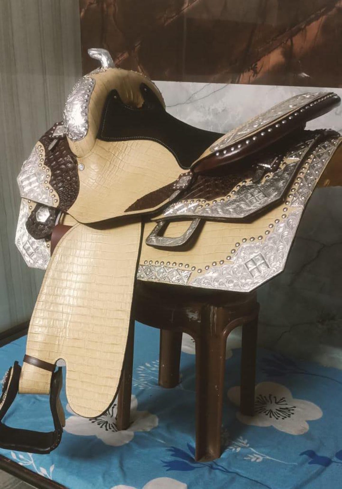Ensemble Selle Western Show éco-cuir - Pour Cheval De Trait - Taille 14-18 - Marron