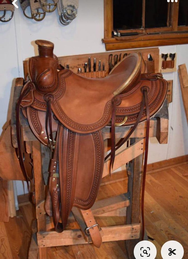 Western Naturel Cuir Main Carvedroper Ranch Selle Avec Daim Siège