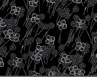 Black and White Floral Fabric, Abstract Retro Cotton Quilting Fabric