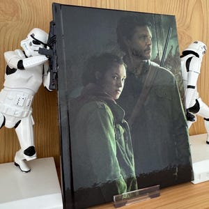 Puede incluir: Una portada de libro con una escena de bosque y dos figuras. El libro está sostenido por dos figuras blancas de Stormtroopers. La portada utiliza una paleta de colores oscura y apagada con tonos verdes y marrones.