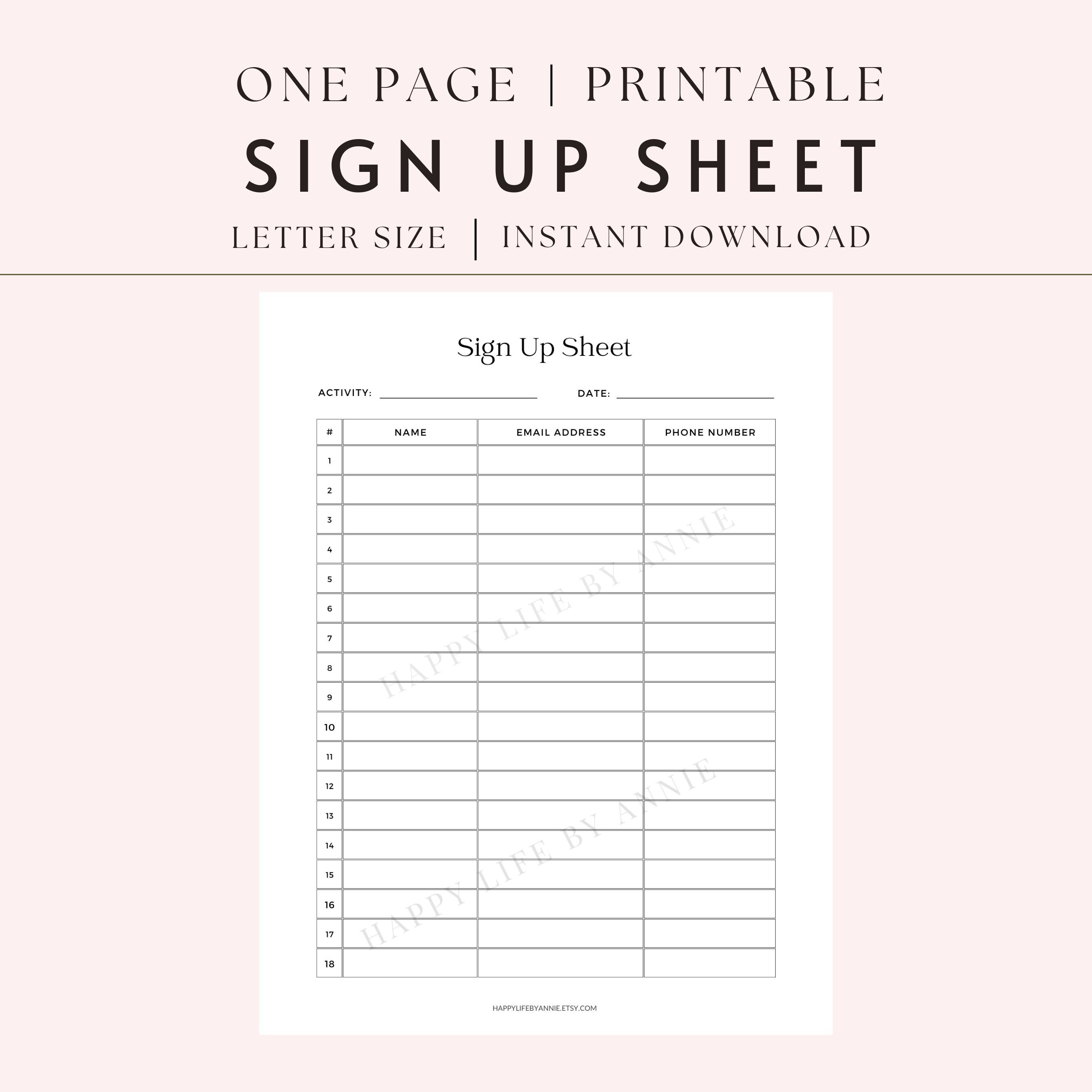 Sign up Sheet, Printable Sign up Sheet, Sign up Sheet Pdf - Etsy