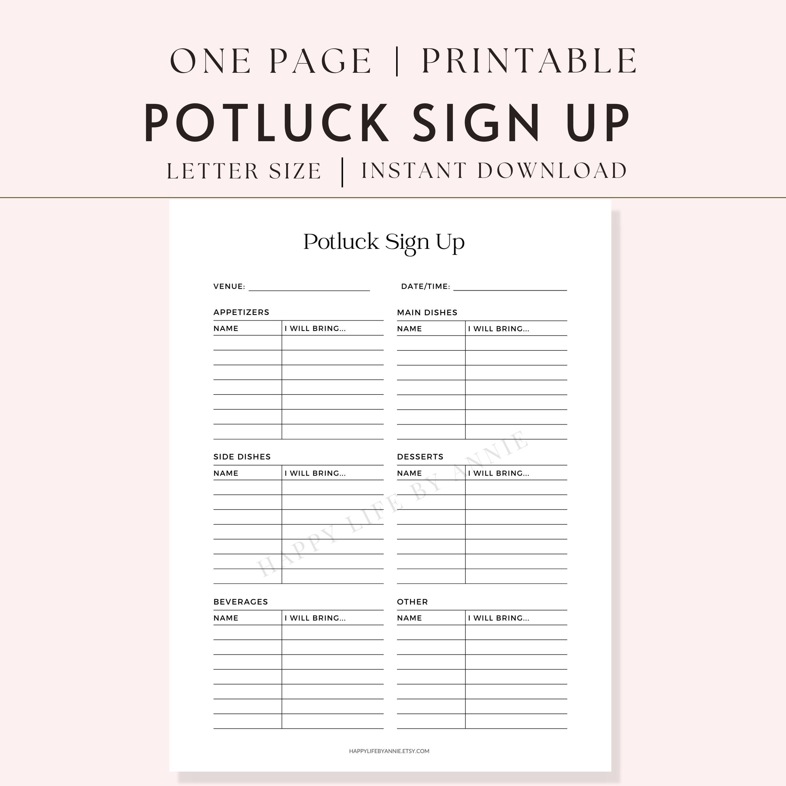 Potluck Sign up Sheet, Potluck Template, Thanksgiving Potluck, Food Potluck Sign up Sheet, Potluck Template, Thanksgiving Potluck, Food