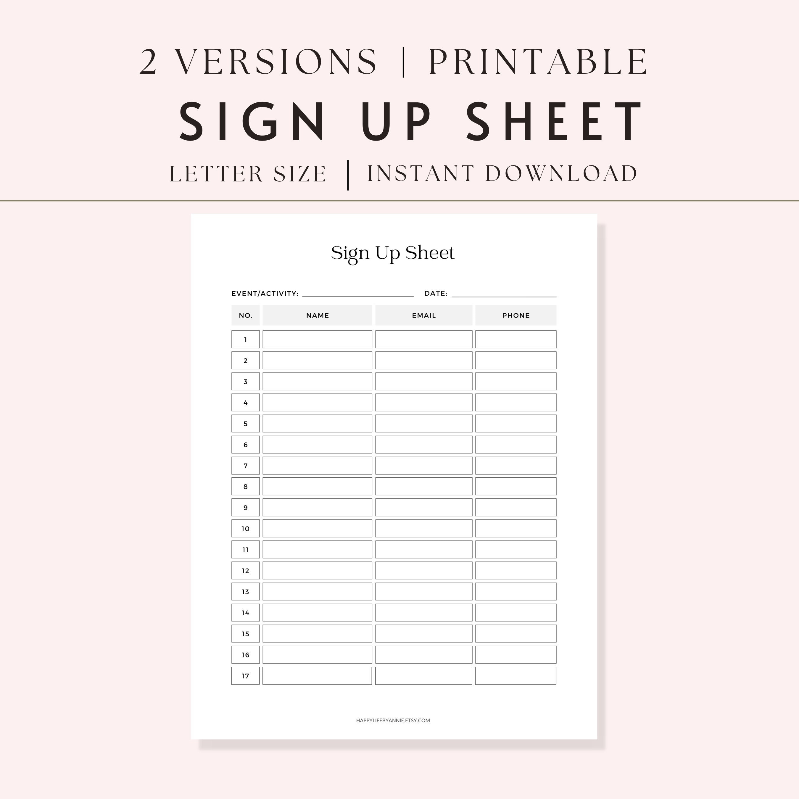 Sign up Sheet, Printable Sign up Sheet, Sign up Sheet Template - Etsy