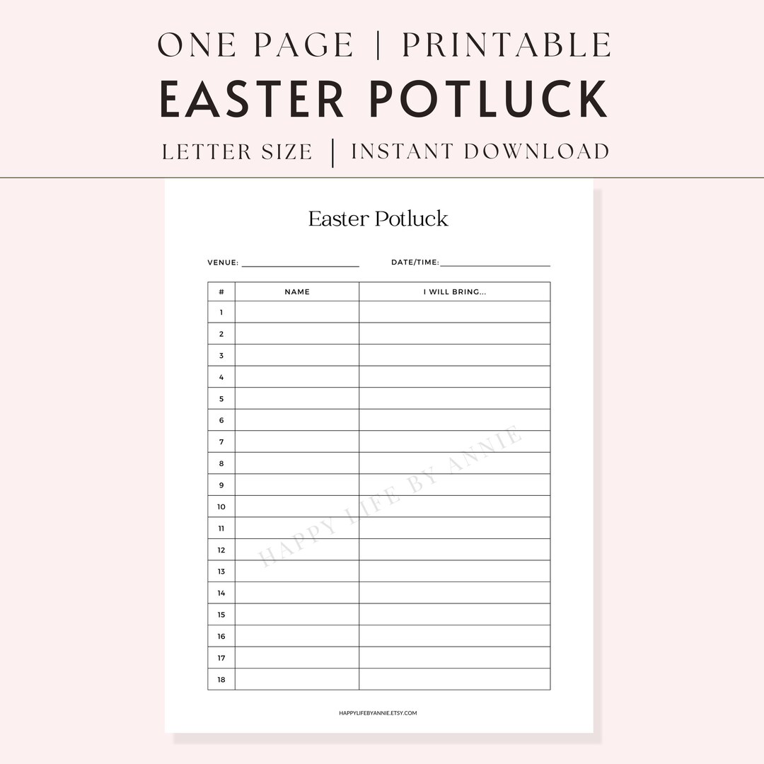 Easter Potluck Sign up Sheet, Potluck Template, Food Sign Up, Meal Sign ...