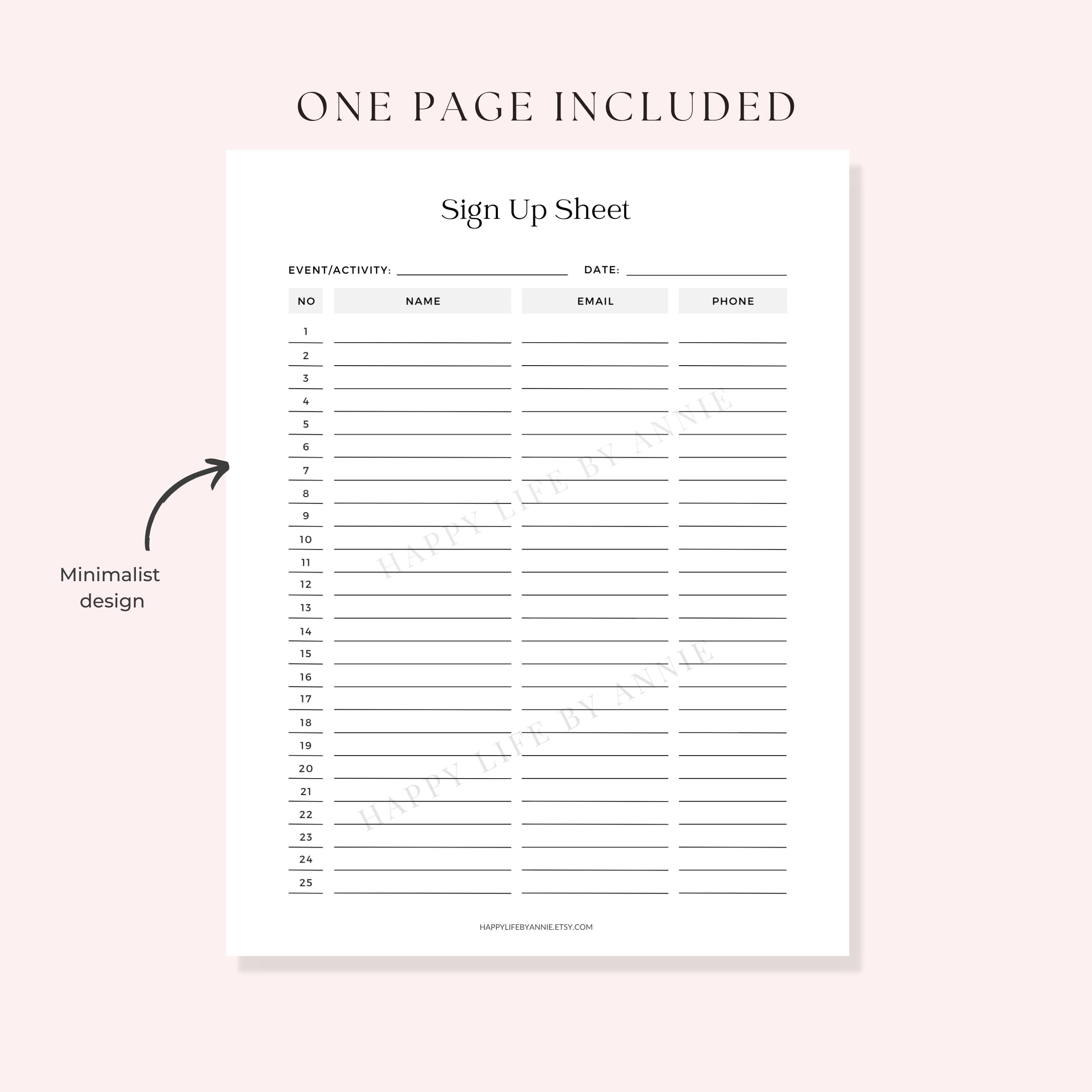Sign up Sheet, Printable Sign up Sheet, Sign up Sheet Pdf - Etsy