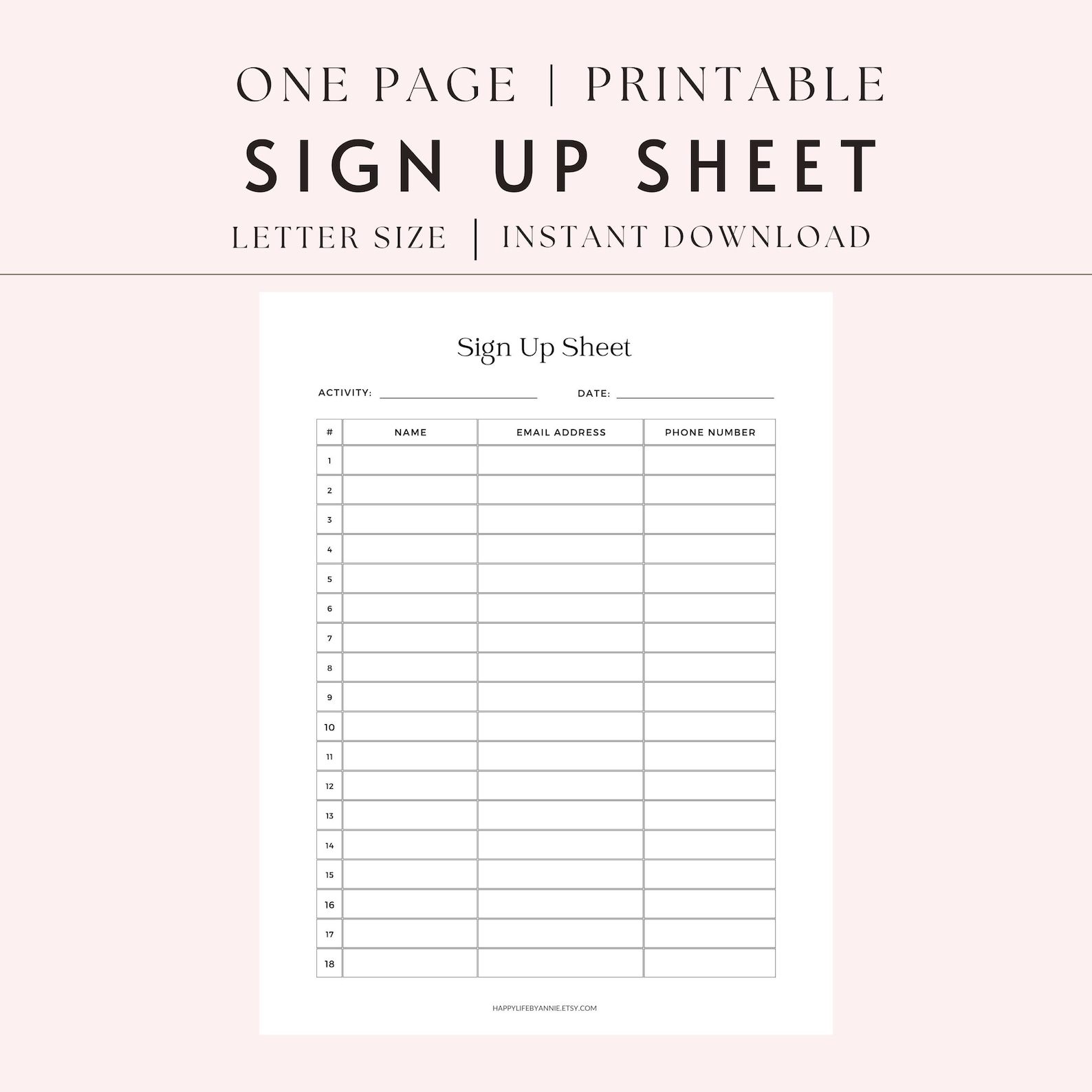 Sign up Sheet Printable Sign up Sheet Sign up Sheet Pdf Etsy