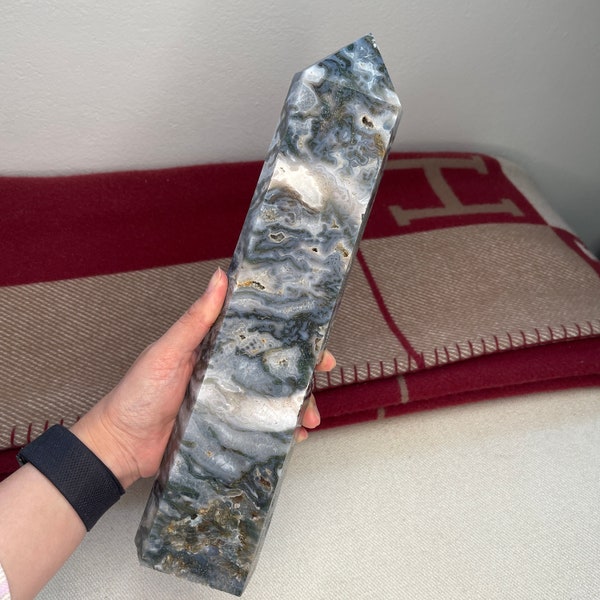 XXL Natural Blue Moss Agate Tower with Druzy | Extra Large Moss Agate Tower | 1.85kg