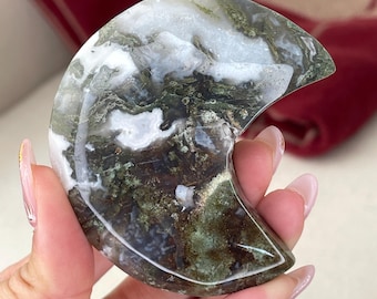 Moss Agate Moon Crystal Carving