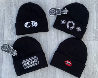 Bonnet noir Chrome Hearts Wooly Winter Horseshoe Lips Badge CH Hollywood Hype Streetwear