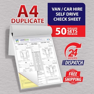 May include: A4 duplicate self-drive check sheet notepad. The notepad includes sections for car and van hire, with 50 duplicate sets per book. The image also includes the text "24 hours dispatch".