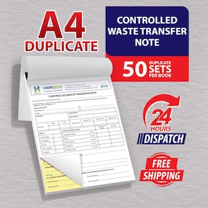 Può includere: Blocco note A4 duplicato « Controlled Waste Transfer Note » con 50 set per blocco. La carta è bianca con testo nero e un foglio inferiore giallo. Un rettangolo blu con testo bianco si trova in alto a destra.