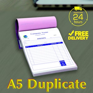 May include: A white invoice book with blue lines and a pink cover. The book is labelled "Invoice" and has a space for a company name and details. The book is labelled "A5 Duplicate".