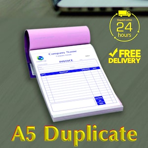 Personalised A5 Duplicate Invoice Book / Bill Book / NCR Pad / Receipt Book Printing, 50 Sets per Book