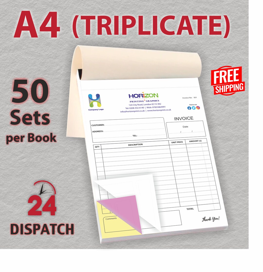 A4 Triplicate Custom Printed Invoice Book / Receipt Book / NCR Pad ...
