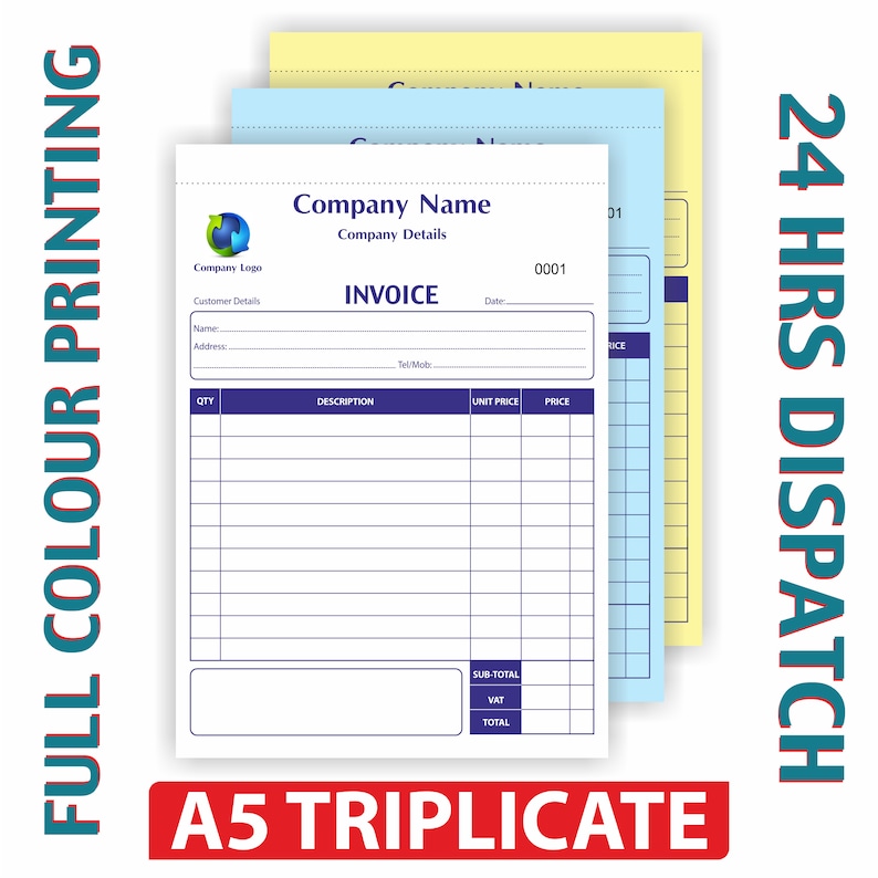 Triplicate Set Personalised A5 Triplicate Invoice Book / NCR Pad Printing / 50 Sets ...