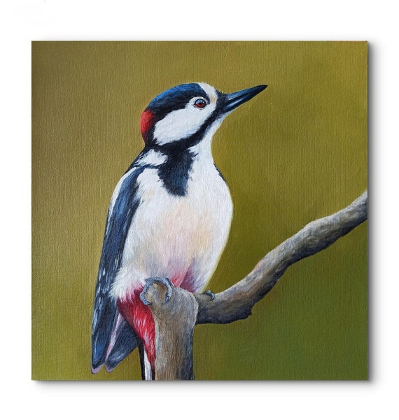 キツツキ油絵 野鳥の絵 額入り 鳥 オリジナルアート 素朴な壁飾り 鳥 