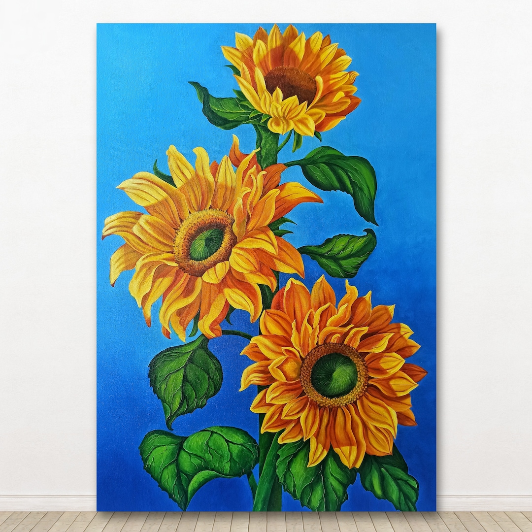 Sunflowers Oil Painting Original Summer Flowers on Canvas Large Yellow ...