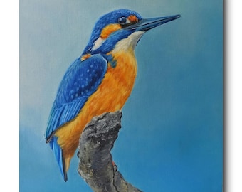 オリジナル カワセミの油絵、ターコイズブルーのアートワーク、額装