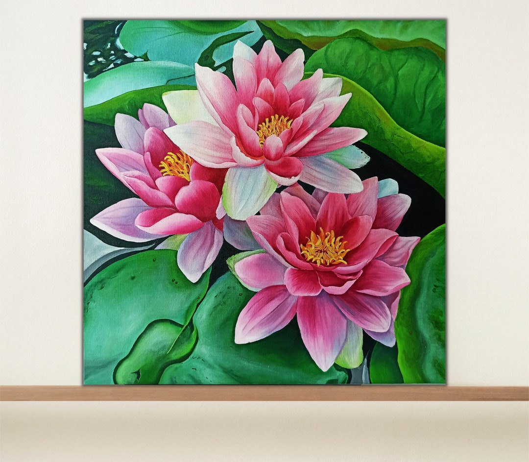 Water Lilies Oil Painting Pink Flowers Lotus Floral Wall Art Lilies on ...