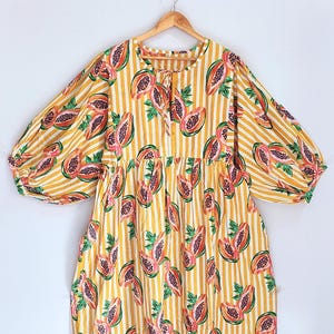 Vestido midi de algodón hecho a mano: vestido de festival con estampado de papaya