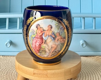 Vintage Kobalt Stile Sevres Vase, Romantic Scene Gold Accents, Cobalt Blue Porcelain Decor, Rococo Style, Gilded Porcelain, Home Decor Gift