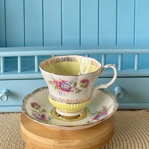 Special Item Vintage Royal Albert &quot;Reverie Series&quot; Teacup & Saucer, Bone China, Beautiful Yellow With Purple Blue Floral Decor, Made England