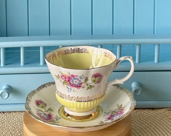 Special Item Vintage Royal Albert "Reverie Series" Teacup & Saucer, Bone China, Beautiful Yellow With Purple Blue Floral Decor, Made England