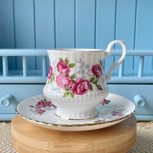 Vintage &#39;Royal Windsor&#39; Tea Cup & Saucer, Fine Bone China, Pink Roses Decor, Tall Teacup, Demitasse, Two Available, Made in England