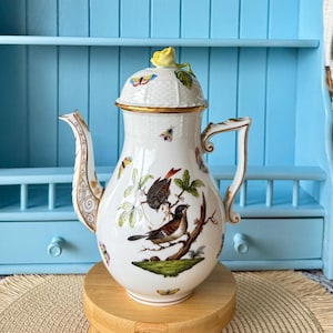 Hard to Find, Rare Vintage Herend ‘Rothschild’ Medium CoffeePot -Hand-Painted Yellow Rose,Vintage Elegance, Birds Decor, Hungarian Porcelain
