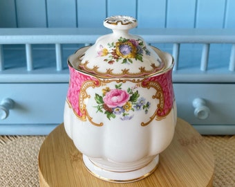 Rare & Hard To Find Vintage, Royal Albert, "Lady Carlyle" Jam Or Honey Jar, Previously Loved, Pink Floral Decor, Spoon Incl, Made in England