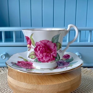 Vintage &#39;Royal Windsor&#39; Tea Cup & Saucer, Fine Bone China, Pink Cabbage Roses Decor Teacup, Demitasse, Perfect Condition, Made in England