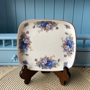 Pretty Vintage Royal Albert Moonlight Rose Square Plate, Seconds Quality, Fine Bone China, Beautiful Blue Roses Decor, Made in England
