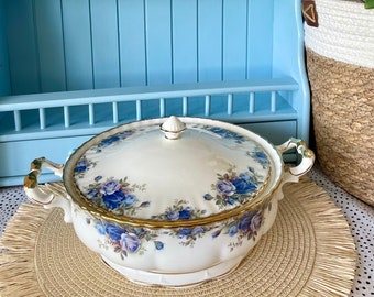 Very Rare Find, Vintage Royal Albert "Moonlight Rose" Tureen, Deck Bowl, Fine Bone China, Blue Roses Decor, Table Elegance, Made in England