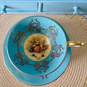 Rare Vintage Aynsley Turquoise Teacup Set c. 1960 - Bone China, Gold Overlay and Hand-Painted Fruit Decor, Collectors Item, Made in England