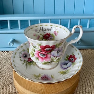 Vintage Royal Albert Flower of the Month, March Teacup, Male Sized Teacup and Saucer, Bone China, Annemone Floral March Decor, England