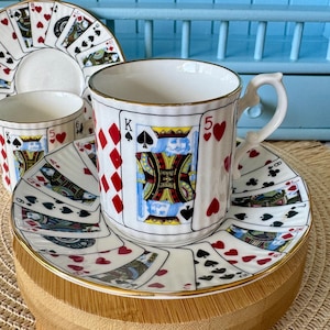 Vintage Elizabethan Coffee Cups & Saucers, Poker Playing Card Theme Set 2, Vintage Bone China, Rare Gift for Coffee Lover, Poker, England
