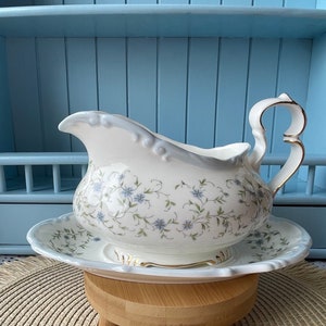 Pretty Vintage Royal Albert &quot;Caroline&quot; Gravy Dish with Tray, Fine Bone China, Beautiful Blue Forget Me Not Baby Blue Decor, Made in England