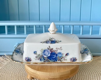 Vintage Royal Albert "Moonlight Rose" Rectangular Butter Dish, Fine Bone China, Previously Loved, Collectors Item, Blue Roses Decor, England