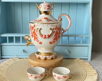 Rare Find, Vintage "Lomonosov" Samovar, Made in USSR, Orange and 22 Karat Golden Decanter, Previously Loved, Collectors Item, With Two Cups
