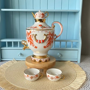 Rare Find, Vintage &quot;Lomonosov&quot; Samovar, Made in USSR, Orange and 22 Karat Golden Decanter, Previously Loved, Collectors Item, With Two Cups