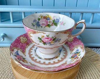 Vintage Royal Albert &#39;Lady Carlyle&#39; Gentleman Sized Teacup & Saucer, Fine Bone China, Pink With Flower Decor, Previously Loved, Made England