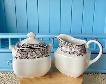 Vintage Enoch Wedgwood Tunstall "Malverne" Sugar Jar, Creamer and 2 Replacement Saucers, Transferware Roses, Black/White Ironstone, England