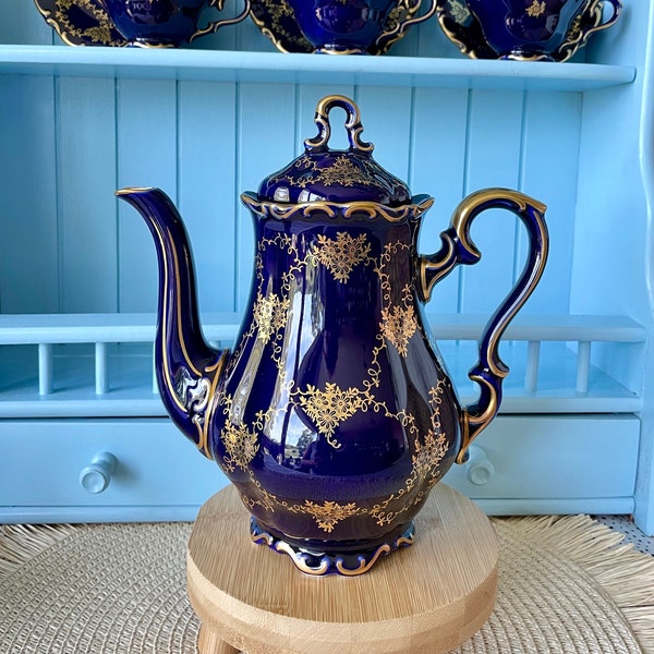 Very Rare Hard to Find Mint Condition Coffeepot, Vintage Lindner Kueps Bavaria Germany, Real Cobalt CoffeePot, Kobalt Blue, 24karat Gold