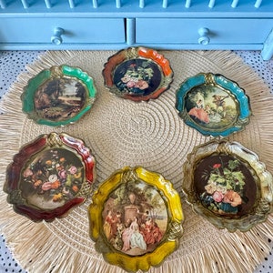 Vintage Italian Florentine Multicolored Gold Baroque Rococo Wooden Coasters, Vintage Set of 6 Coasters, Hand Painted, High Tea, Gift Idea