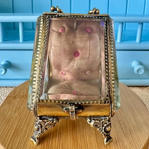 Może przedstawiać: Zabytkowe szklane i mosiężne pudełko wystawowe z ozdobnymi nóżkami. Pudełko ma pokrywę na zawiasach i dekoracyjną ramę. Wnętrze zawiera różową tkaninę z czerwonymi akcentami. Pudełko jest eksponowane na drewnianej powierzchni.