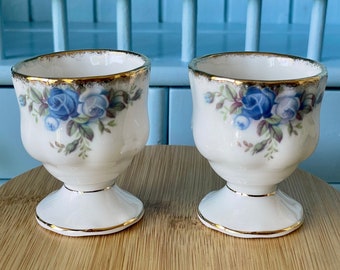 Vintage Royal Albert "Moonlight Rose" Two Egg Cups, Fine Bone China, Previously Loved, Thick Gold, Beautiful Blue Roses Decor, Made England